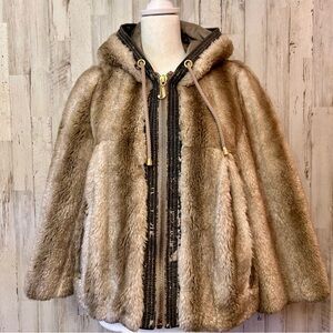 Juicy Couture Faux Fur Pleated Swing Jacket Y2K Brown Gold J Zip Size S